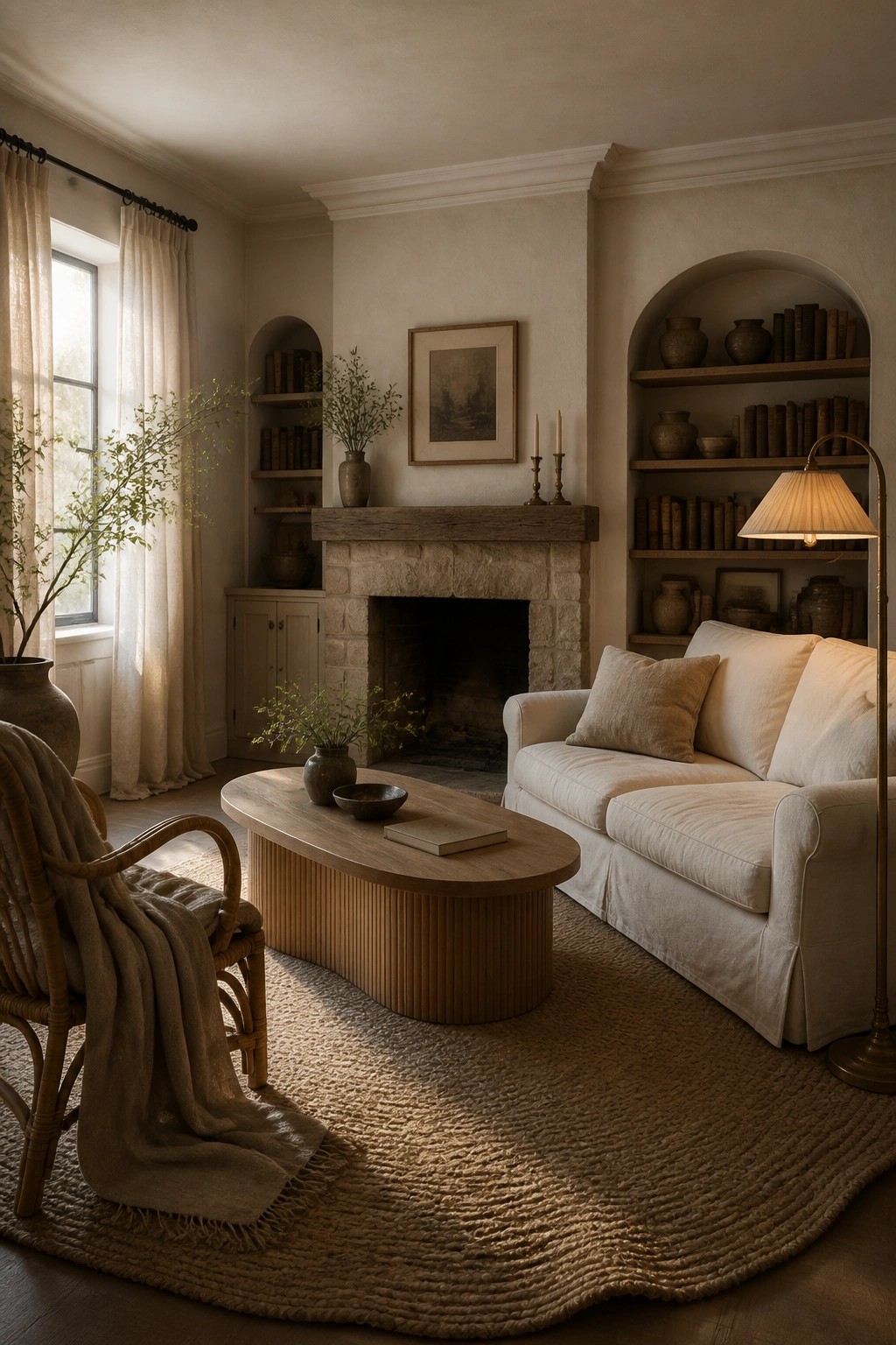 A living room with a white sofa, oval wooden coffee table, stone fireplace, and built-in arched bookshelves.