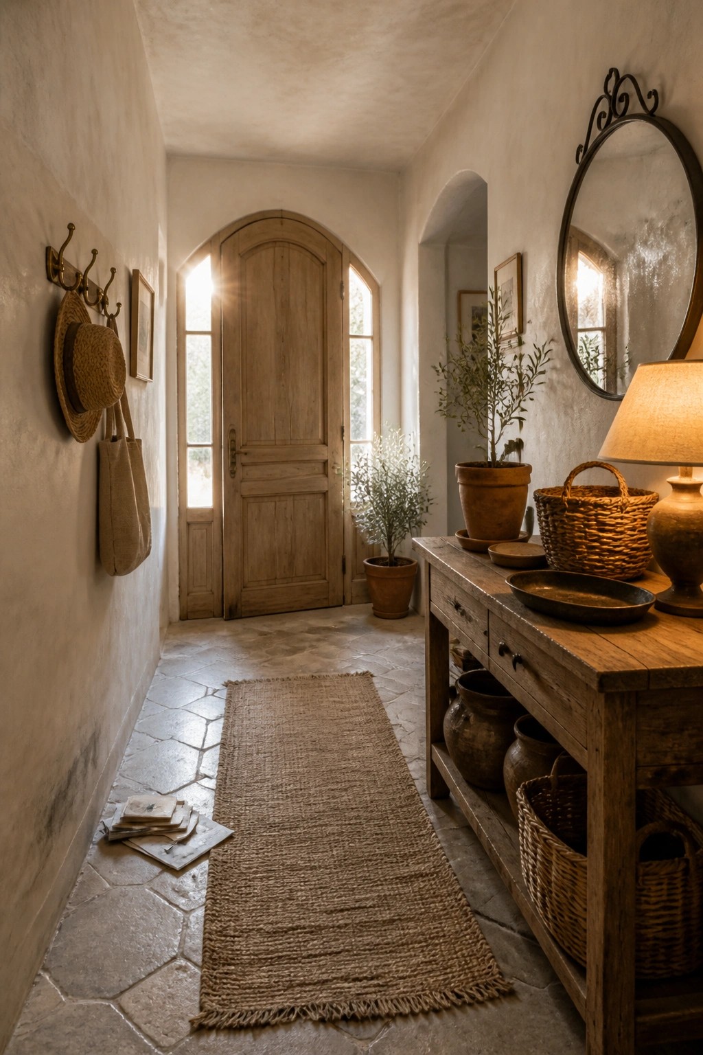 A narrow interior hallway with textured cream walls, a wooden arched door at the end, stone tile flooring, and a wooden console table holding baskets and pottery.