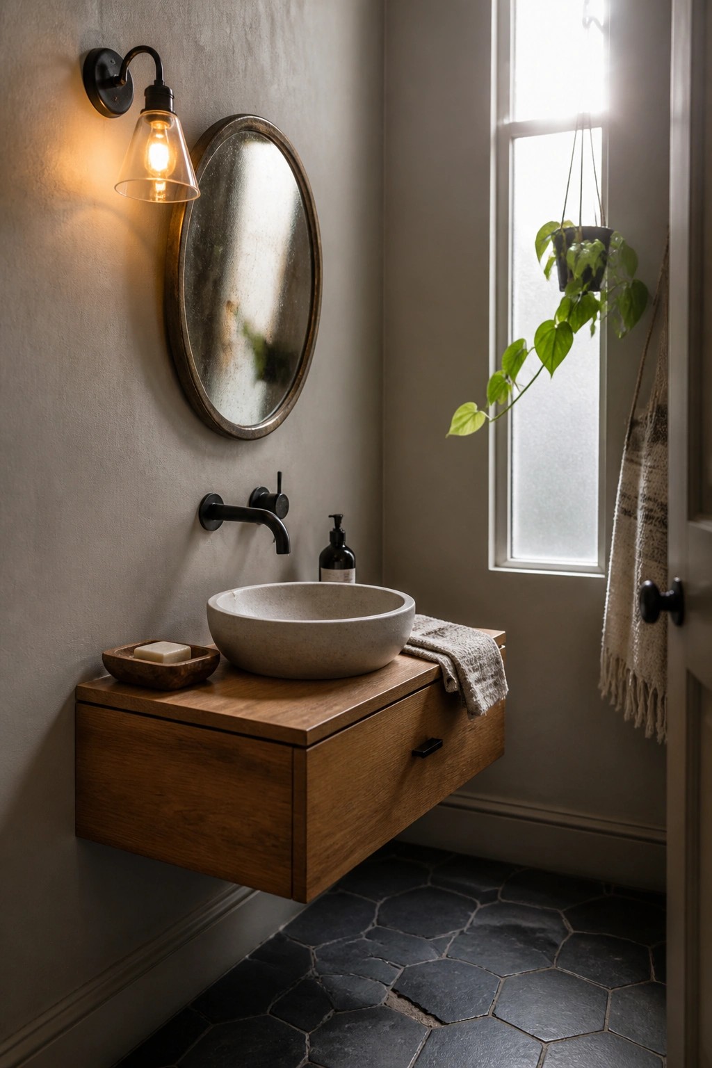 A bathroom interior showing a floating wood vanity with a stone vessel sink, round mirror, wall sconce, and black faucet against a textured warm neutral wall.