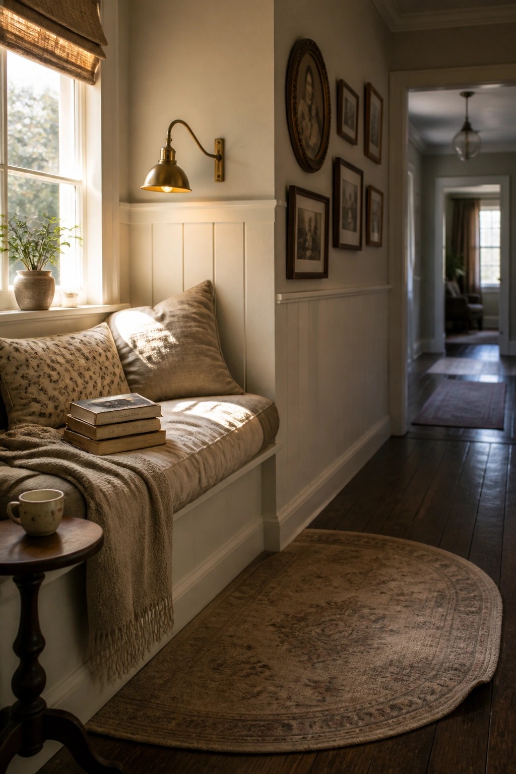 A built-in window seat with beige cushions and stacked books sits below a brass wall sconce, with framed art arranged above white wainscoting on a neutral wall.