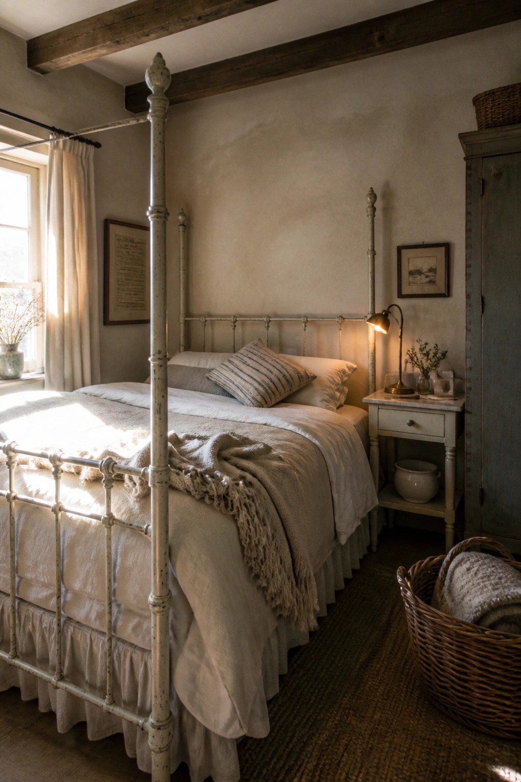 A bedroom with a white metal bed, rumpled white and beige linens, textured plaster walls in a warm neutral tone, and a small nightstand with a lit lamp.