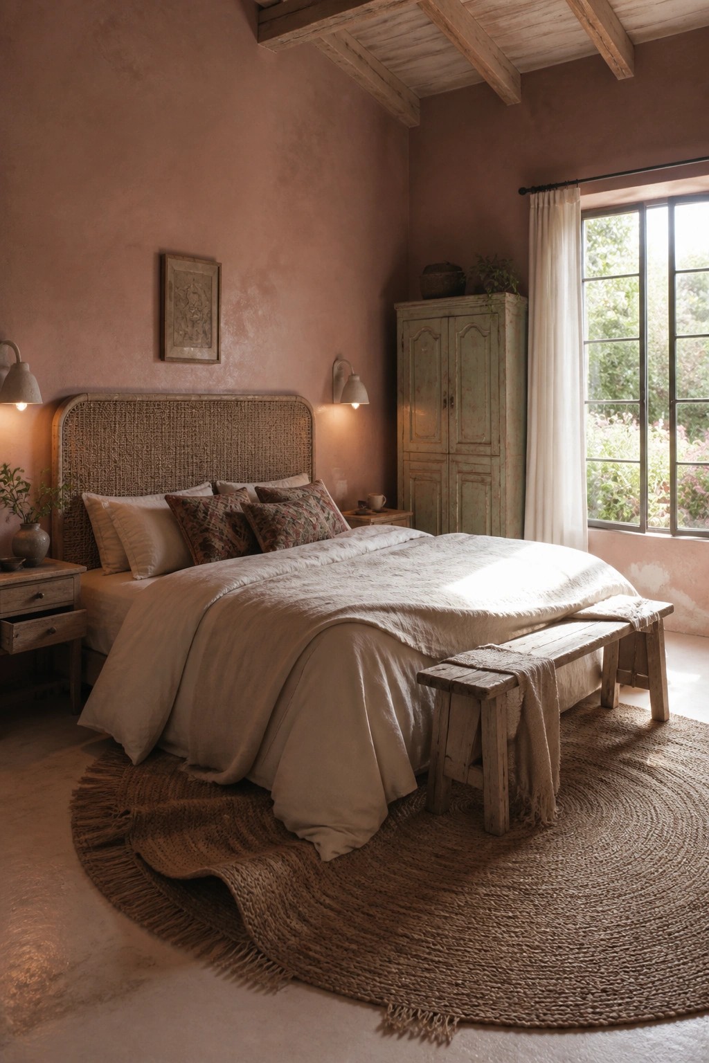 Rustic bedroom with woven headboard, beige linens, wooden bench, and round jute rug