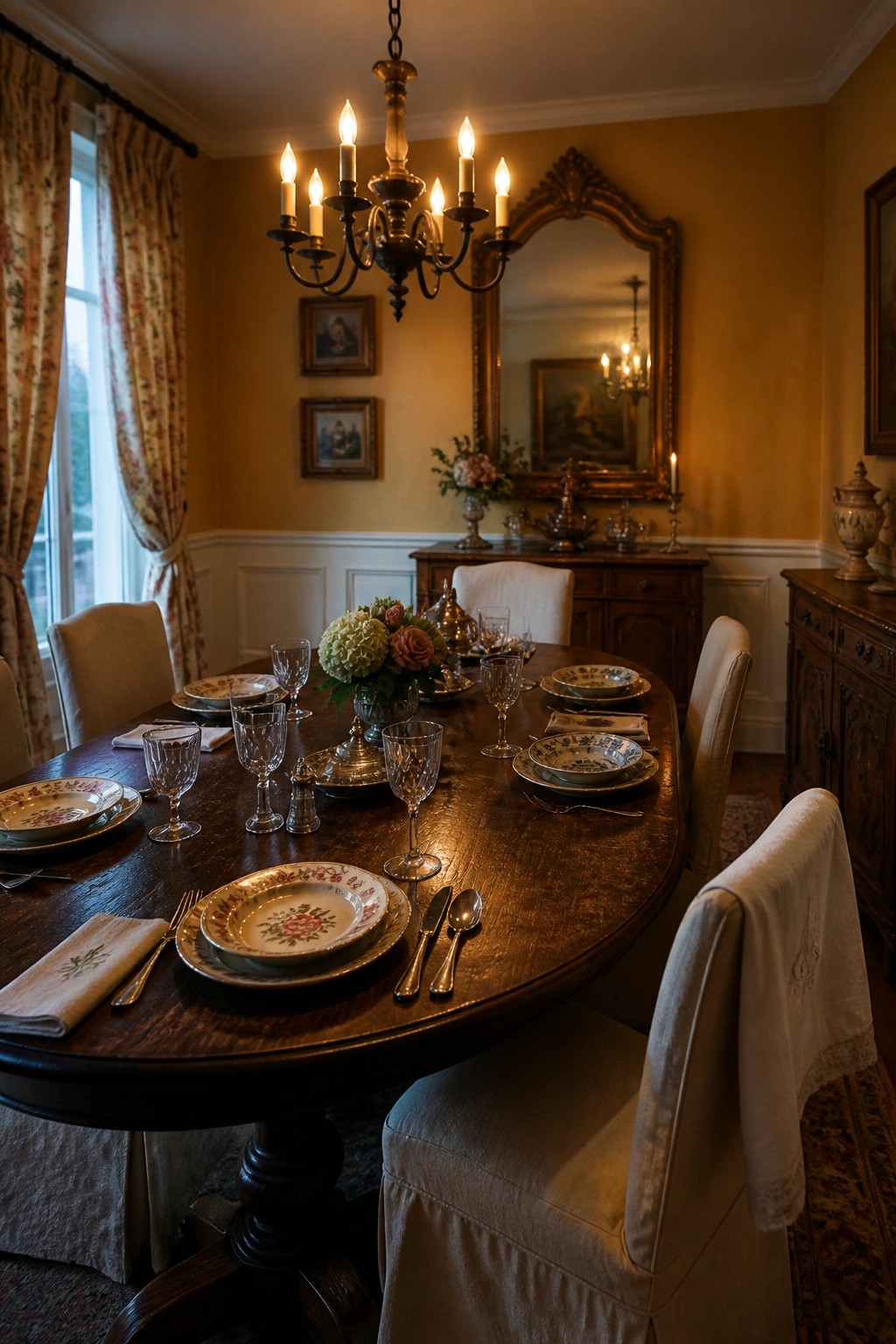 A dining room with a round wooden table set for a meal, yellow walls, a lit chandelier, and upholstered chairs.