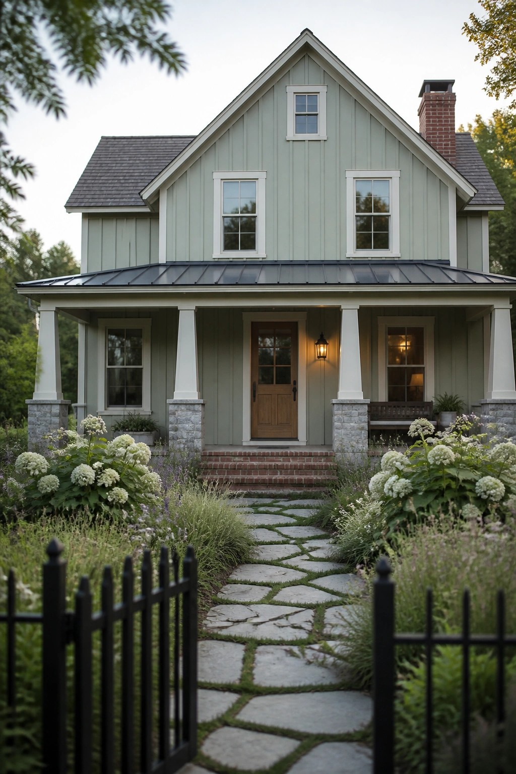 A two-story light green farmhouse with white trim, a dark metal roof, a front porch with columns on stone bases, and a stone pathway through a garden.