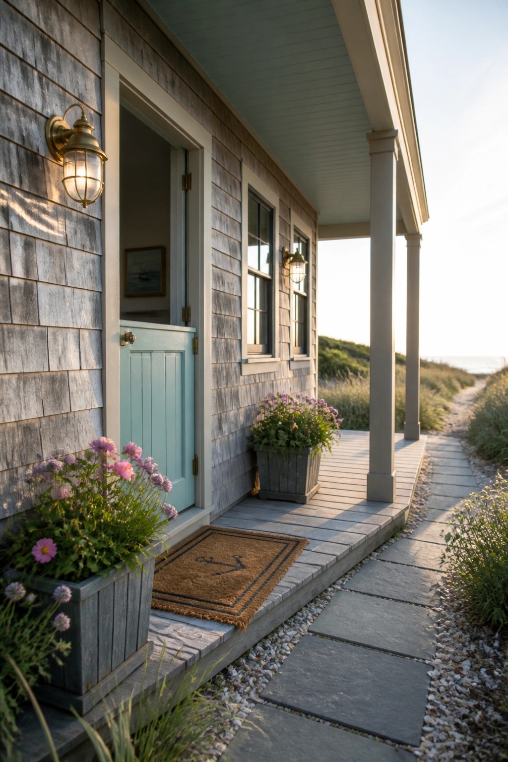 A gray shingled house exterior with a light blue front door, wooden porch, potted plants, and a doormat with an anchor design.