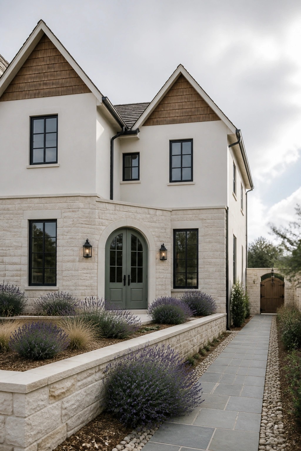 White two-story house with stone base, green arched doors, lavender garden, stone walkway.