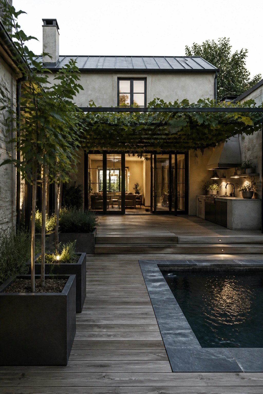 Modern house courtyard with pool, wooden deck, vine pergola, and large planters at dusk.