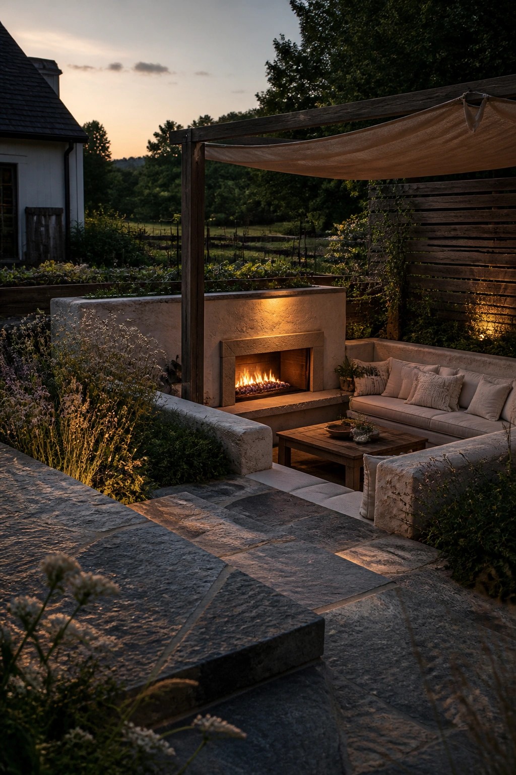 A stone outdoor fireplace with a lit fire sits on a patio beside a cushioned sofa under a wooden pergola, with stone paving and garden beds in view.