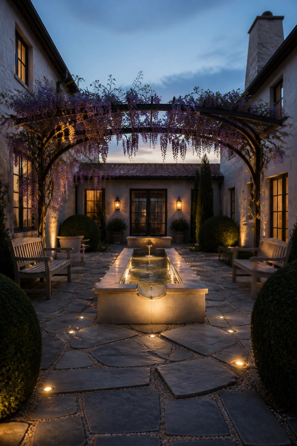 A dusk view of a stone-paved courtyard centered on a long rectangular fountain, with benches on both sides under a flowering pergola and a white farmhouse in the background.