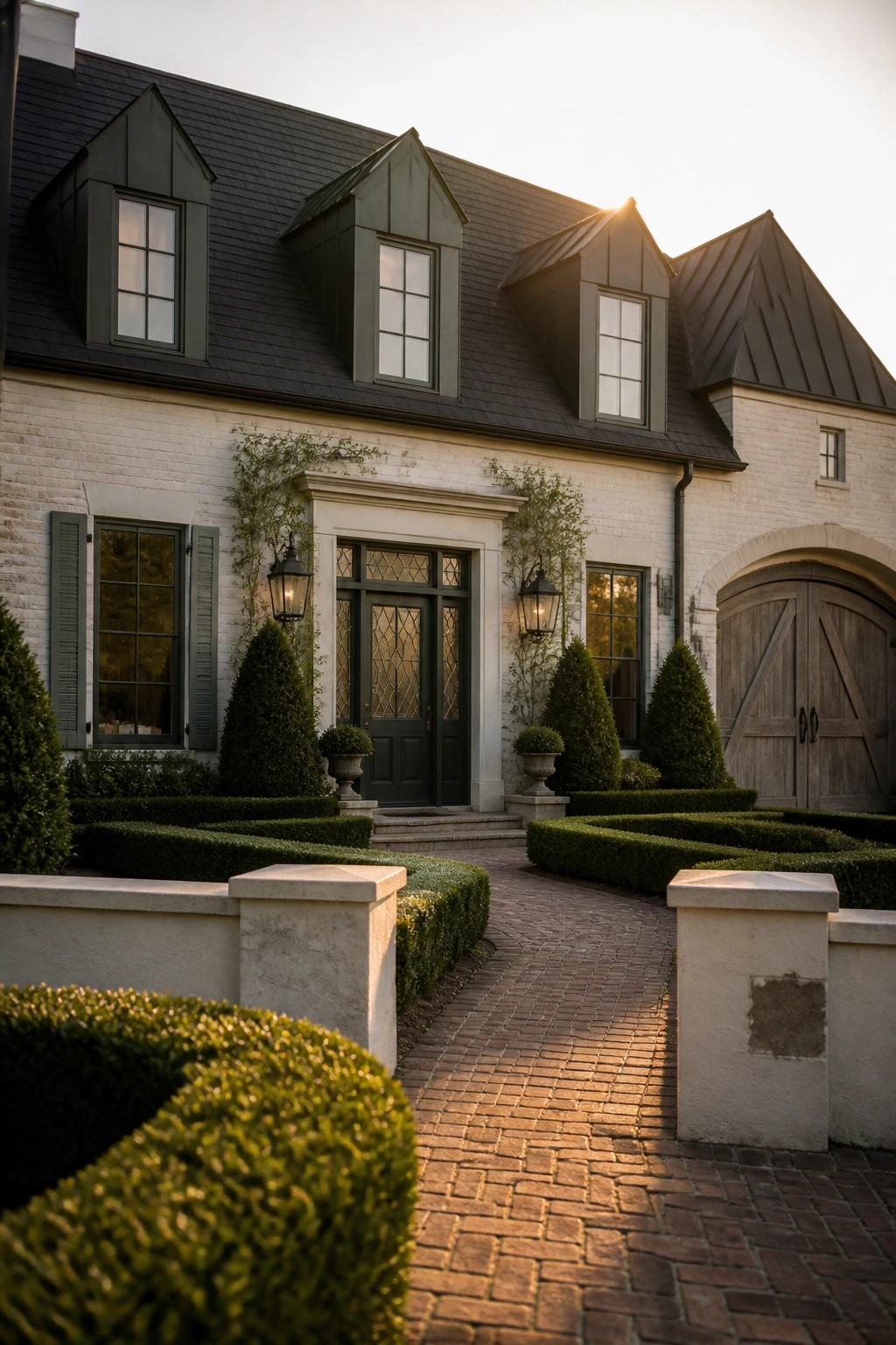 Elegant white brick house with green door, manicured hedges, and brick path at sunset