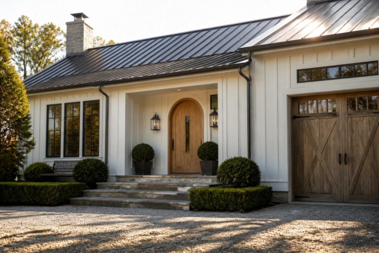 A white farmhouse exterior with an arched wooden front door, black lanterns on either side, stone steps, and a dark metal roof.