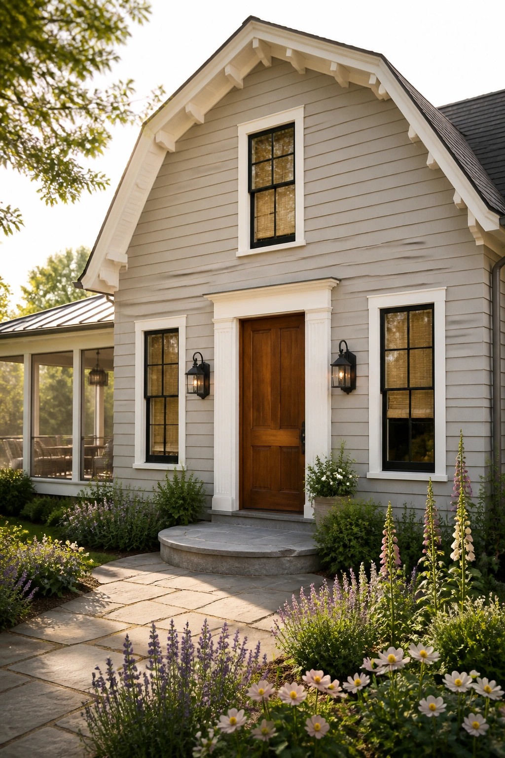 A light gray farmhouse exterior with a centered brown wooden door framed by white columns, flanked by two windows, and fronted by a stone path and garden.