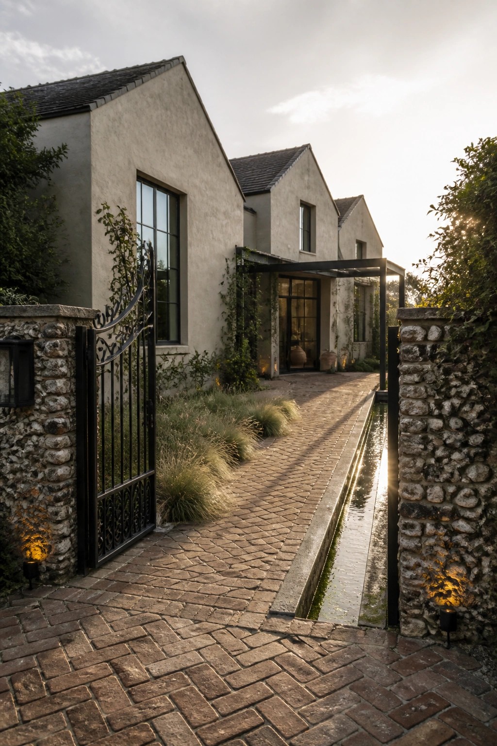A light stucco farmhouse viewed through an open black iron gate between stone pillars, with a brick path and narrow water channel leading to the front door.