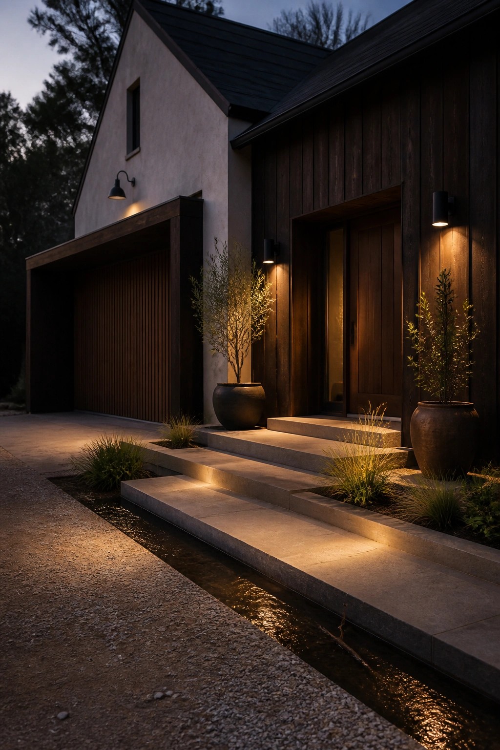 A modern farmhouse exterior at dusk featuring dark wood siding next to light stucco walls, a wooden front door, concrete steps with wall sconces, and large potted plants.