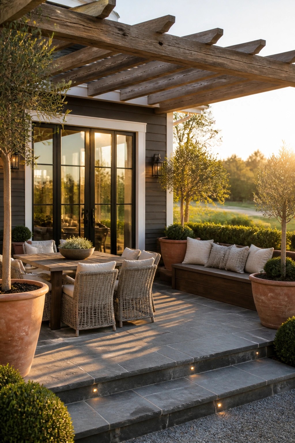 A wooden pergola shades a stone patio furnished with a dining table, wicker chairs, and a built-in bench with cushions, flanked by large terracotta pots beside a house with black-framed doors.