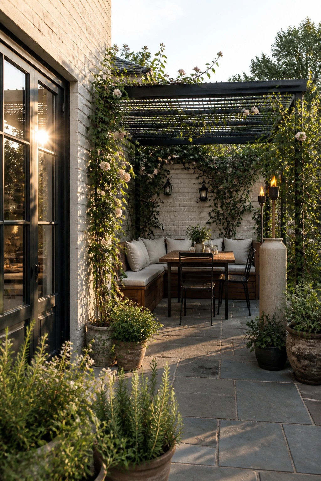 A stone patio under a black pergola with climbing vines, featuring a wooden built-in bench with cushions, a dining table with black chairs, potted plants, and a white brick wall in the background.