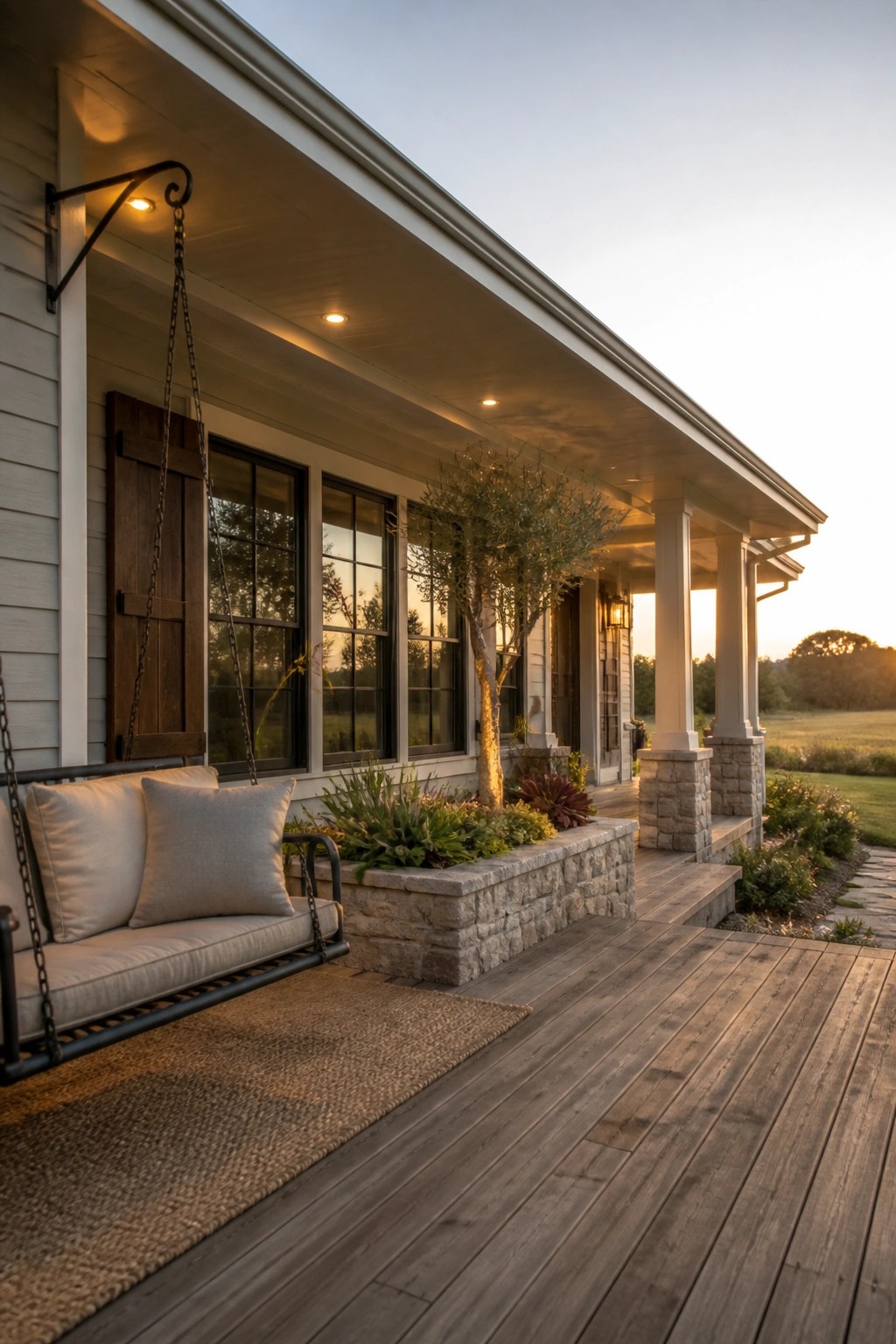 A covered farmhouse porch with a hanging swing, wooden deck, stone planters, and columns at dusk.