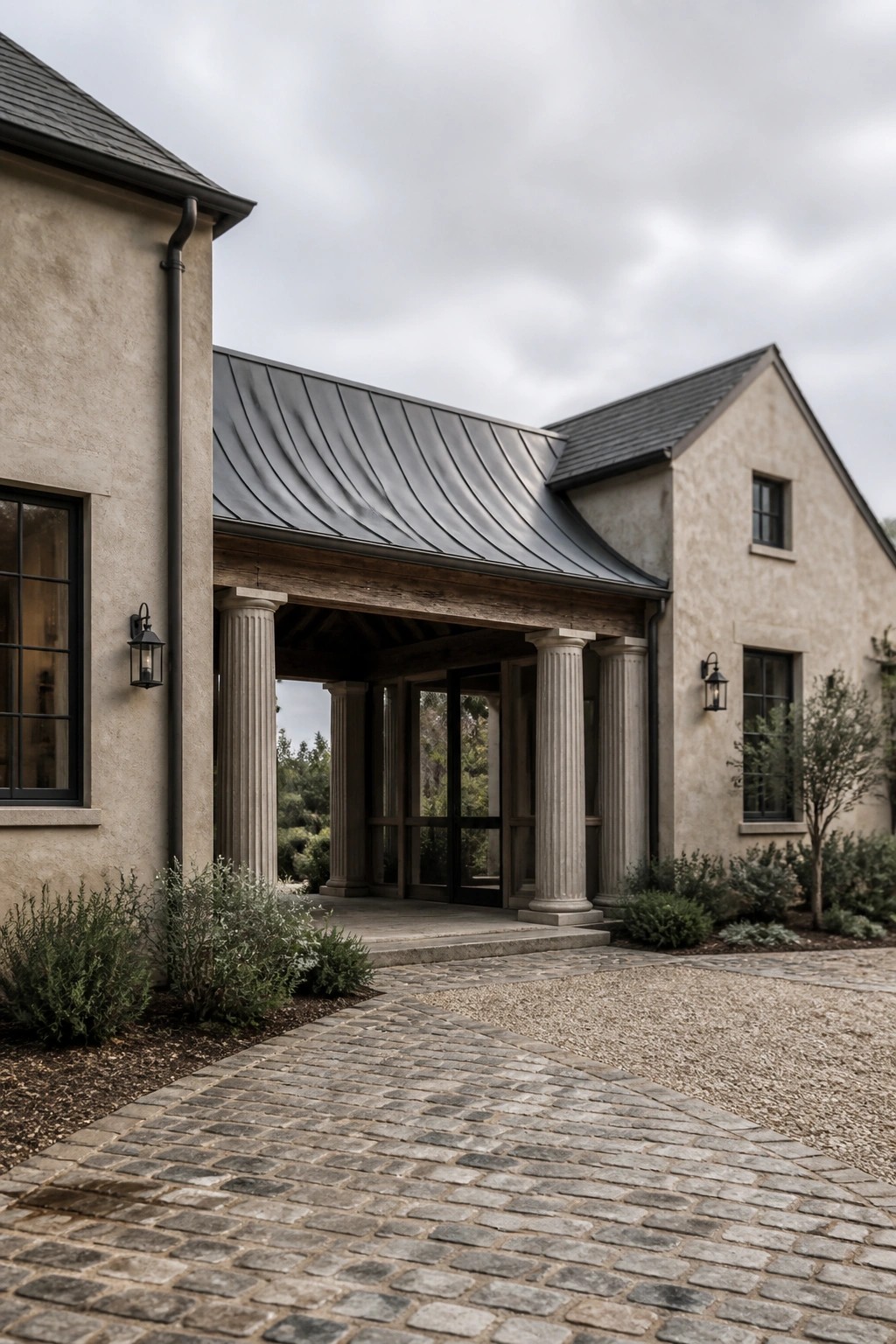 A house exterior showing a covered entry supported by four stone columns, with a metal roof, cobblestone driveway, and stucco walls.
