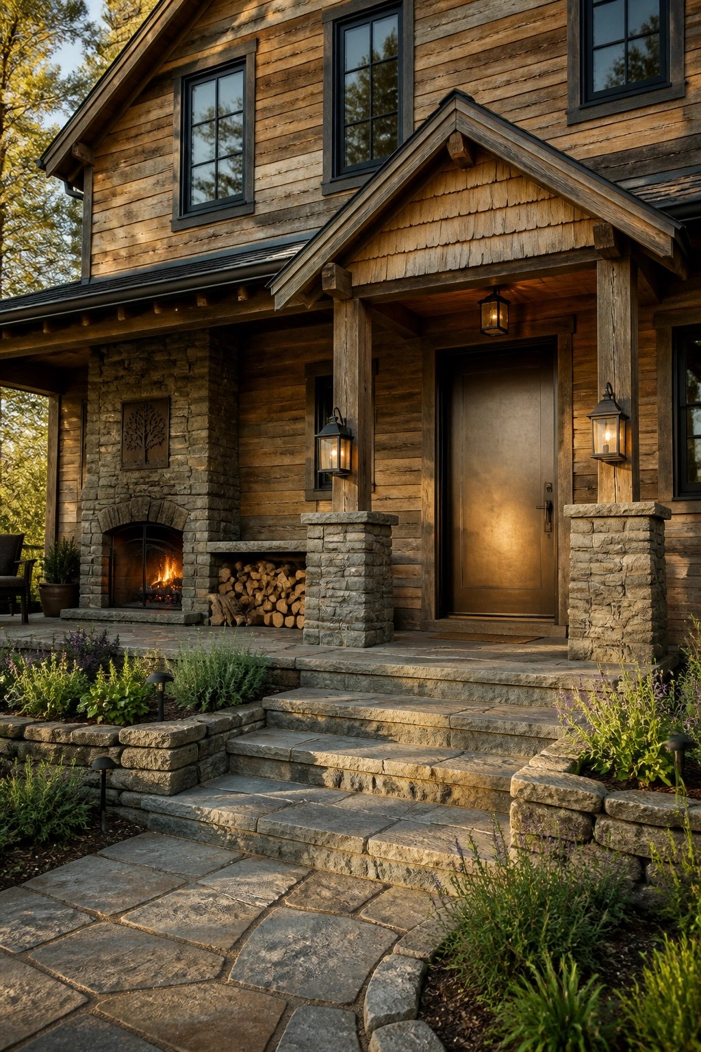 Rustic wooden house with stone fireplace, porch lanterns, and stone steps.