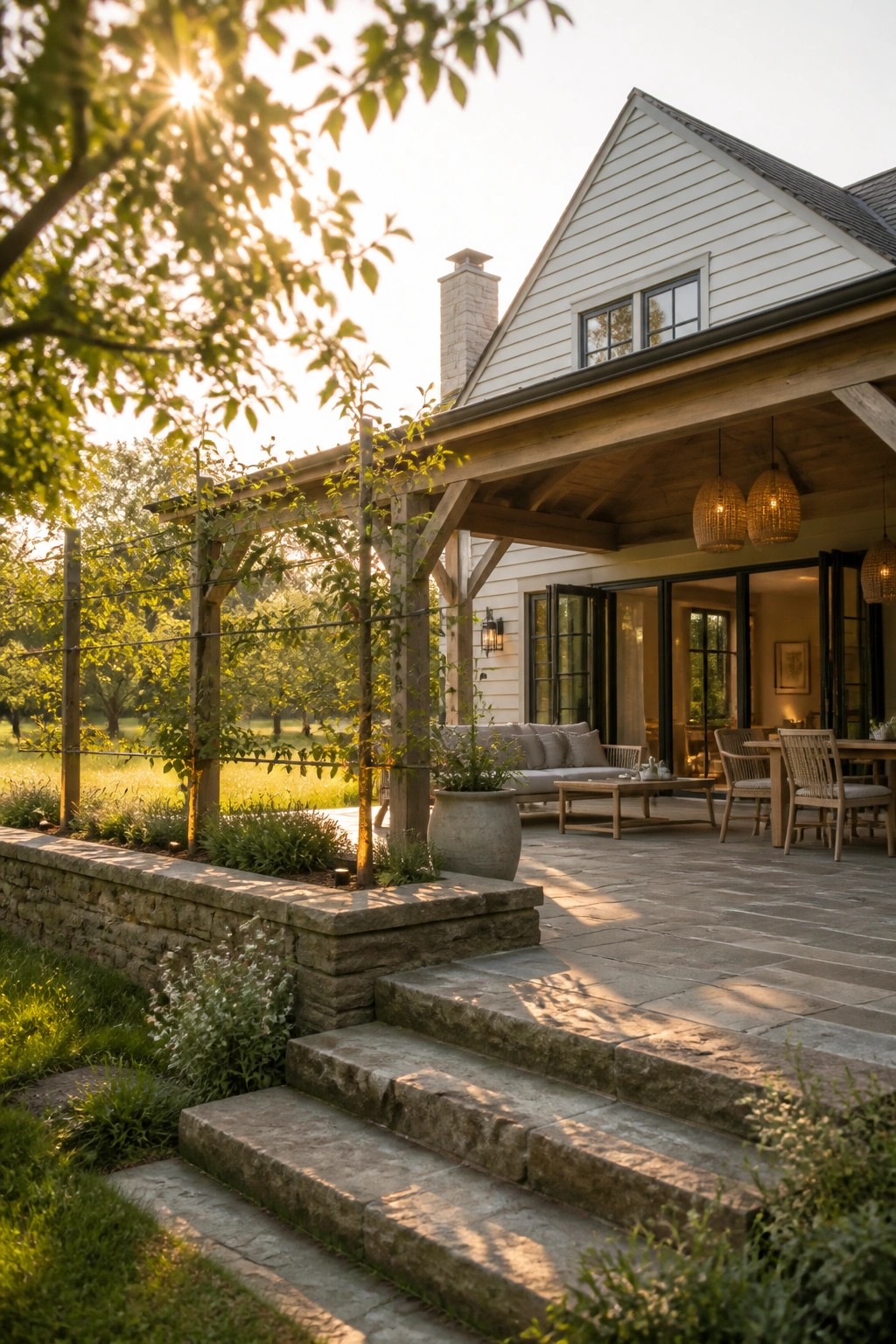 Modern farmhouse patio with stone steps, wooden beams, sofa, and golden hour light