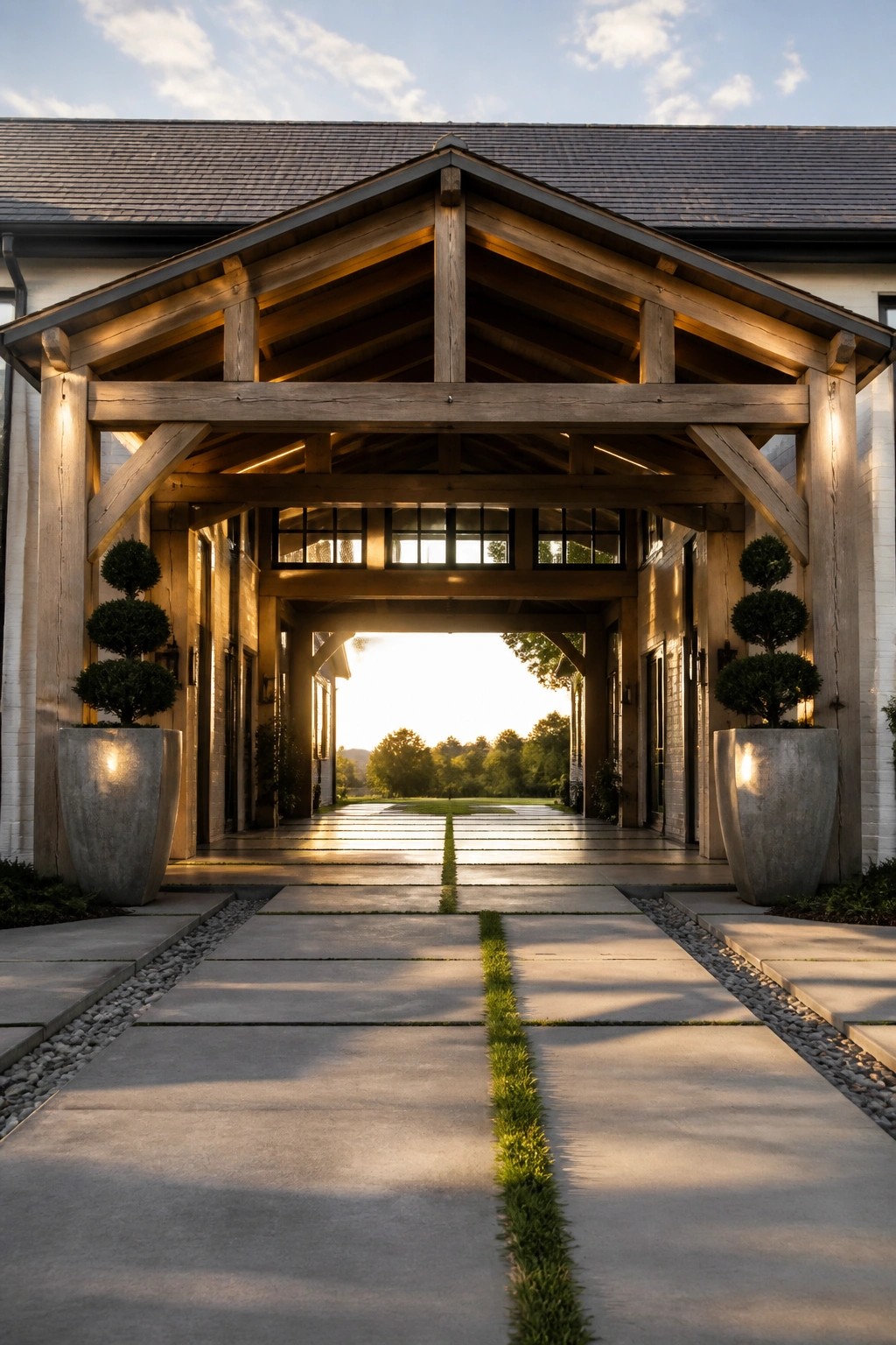 Front view of a farmhouse entrance featuring a large wooden beam portico with potted topiary plants on either side and a paved walkway leading through to an open lawn.