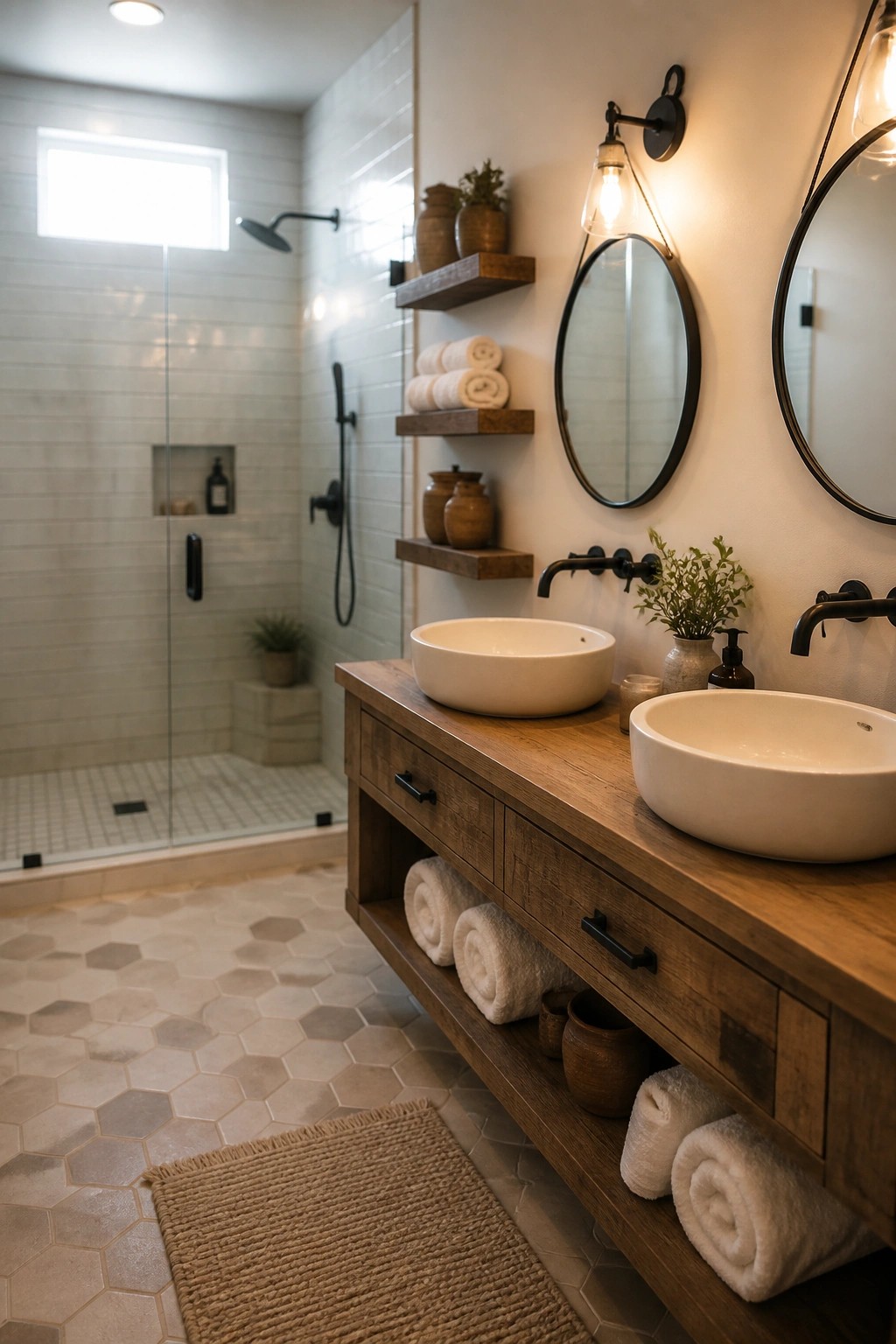 A rustic bathroom with a long wooden vanity holding two white vessel sinks, round black mirrors, open shelving with rolled towels, and a glass shower visible in the background.