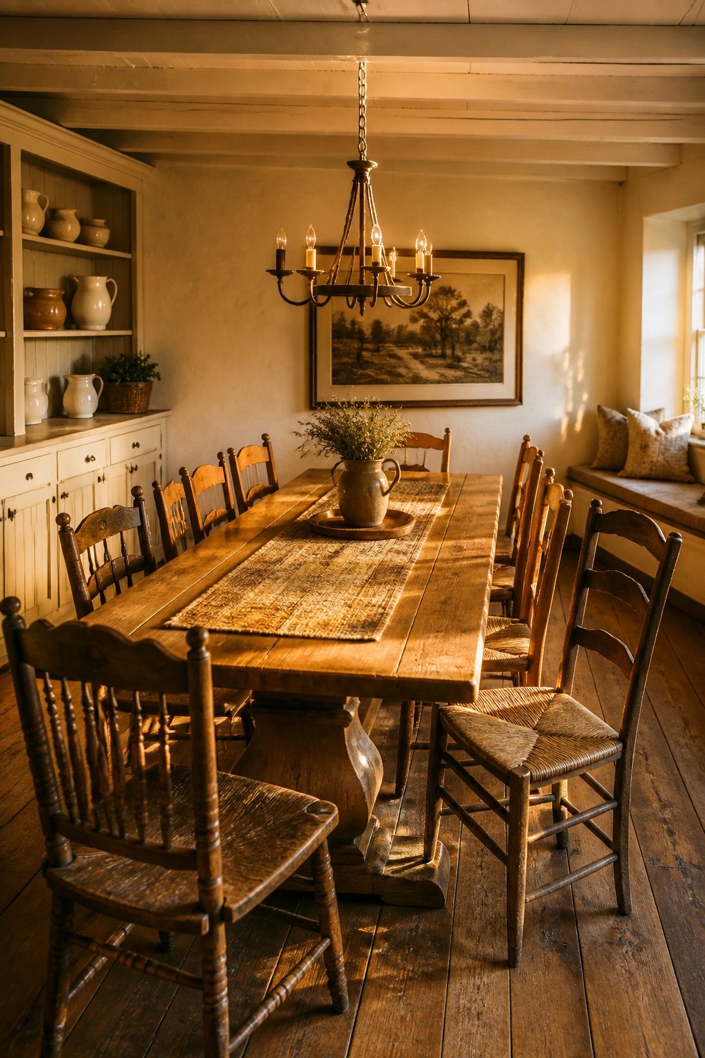 A rustic dining room featuring a long wooden table with a woven runner, surrounded by wooden chairs, under a metal chandelier, with cream walls and open shelving in the background.