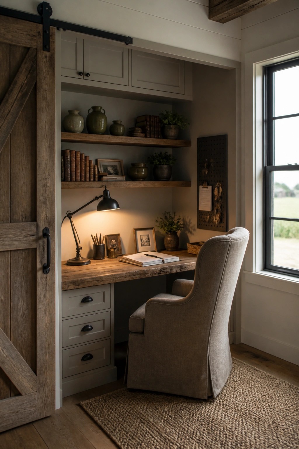 Cozy rustic desk nook with open barn door, wooden shelves, gray chair, and window.