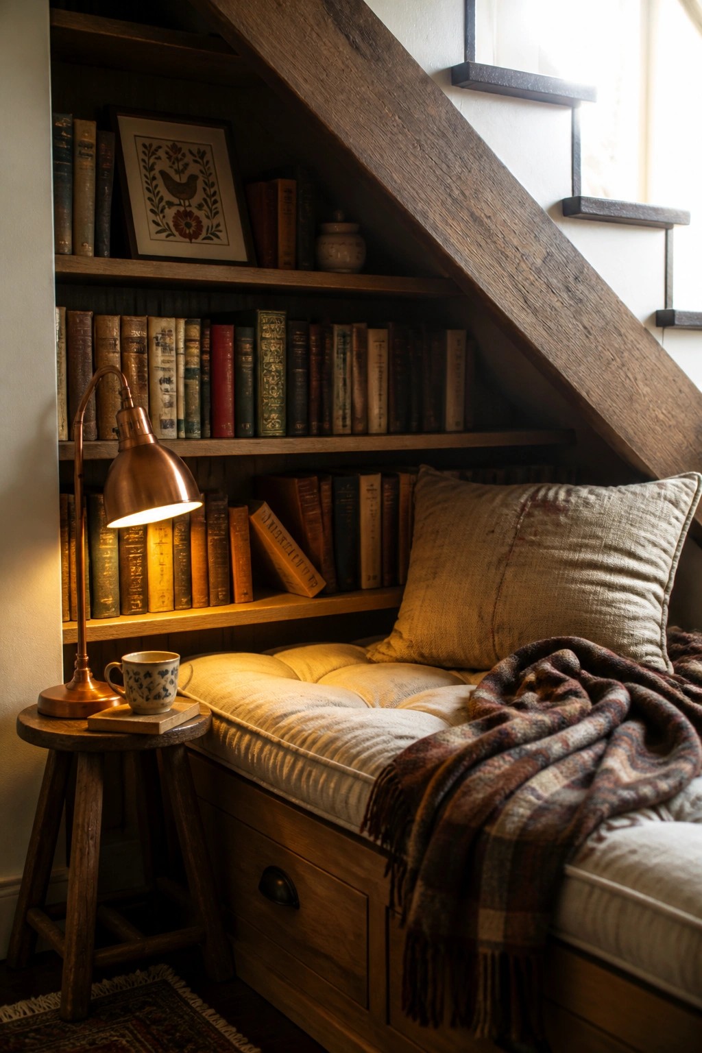 A wooden built-in bench with storage drawers sits under sloped stairs, lined with bookshelves and a lit copper lamp beside a patterned mug.