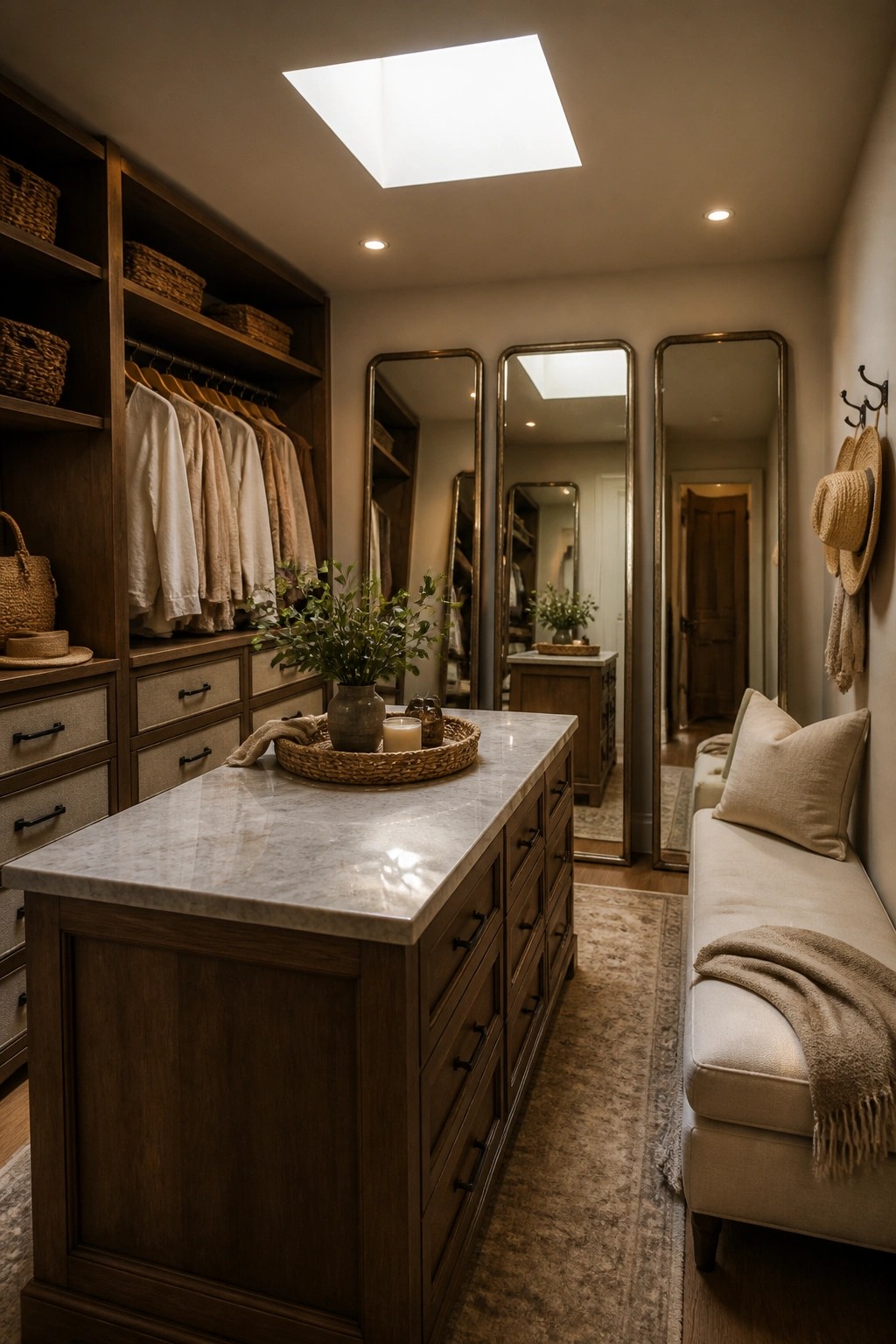 A walk-in closet featuring dark wood cabinetry with a marble-topped central island, full-length mirrors on the back wall, and a cushioned bench along the right side.