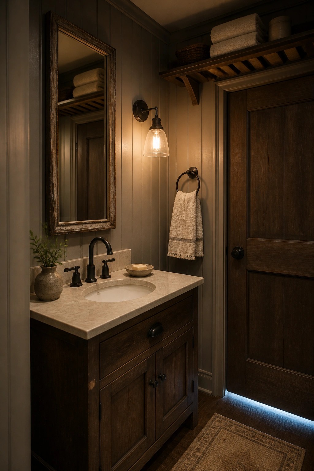 A small rustic bathroom with dark taupe walls, a dark wood vanity topped with light stone, a wall sconce, and a wooden door.