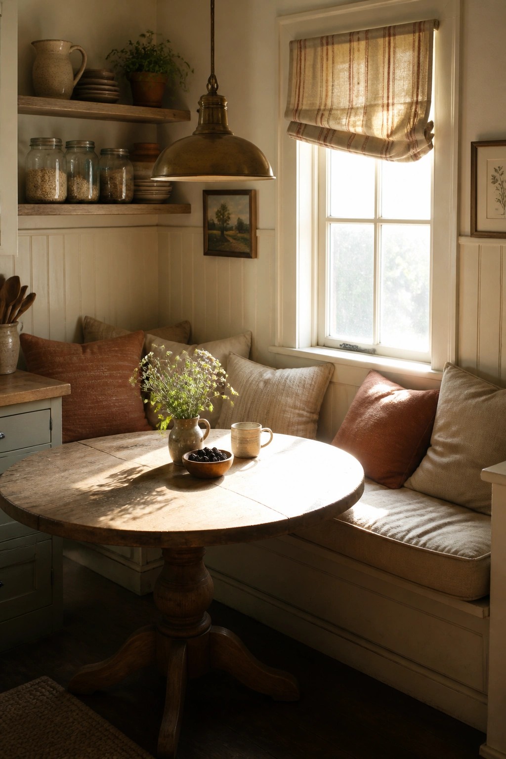Cozy rustic nook with round wooden table, cushioned bench, pendant light, and sunlit window