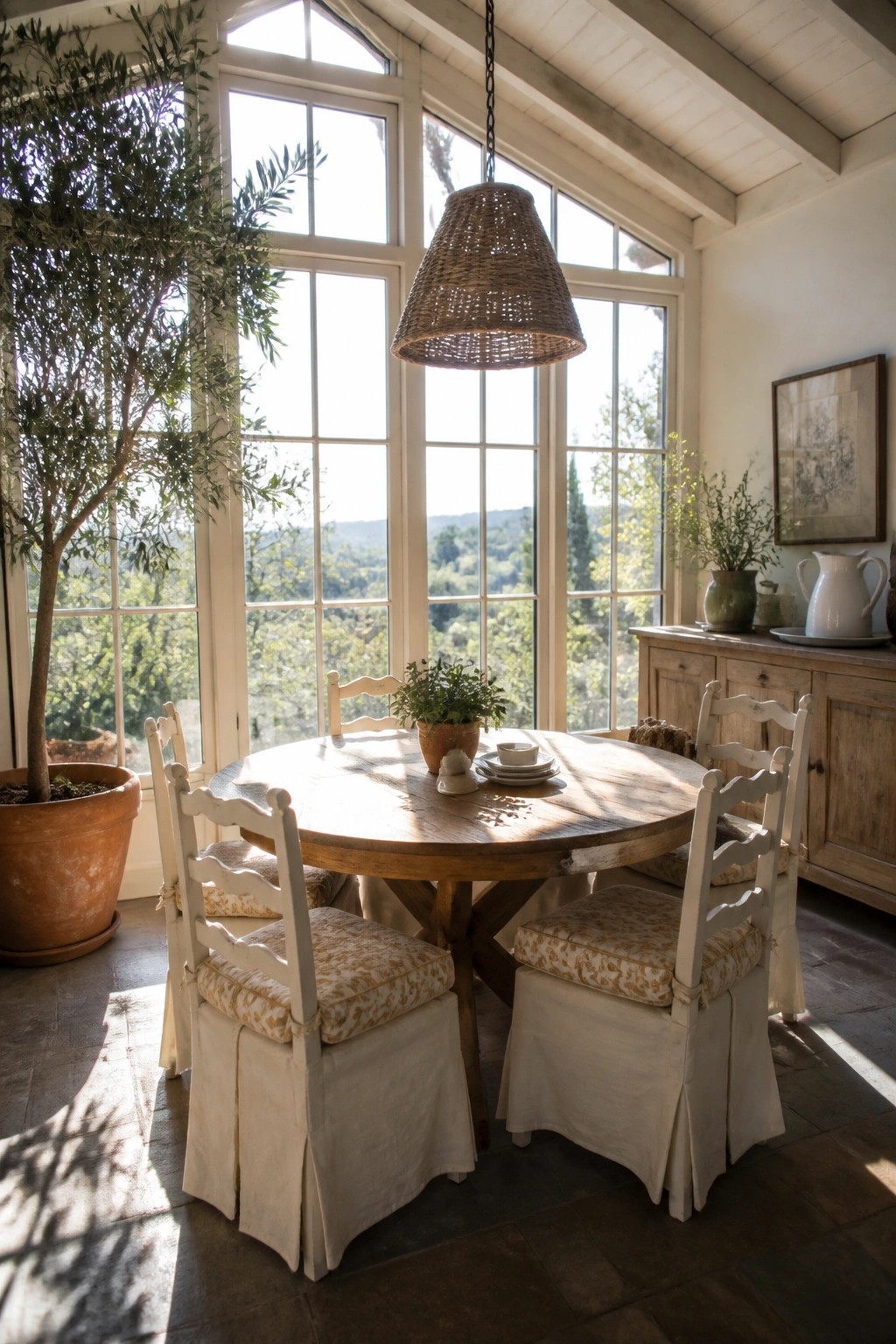A round wooden dining table with four white chairs and patterned cushions sits in a sunlit room with large windows and a potted tree to the left.