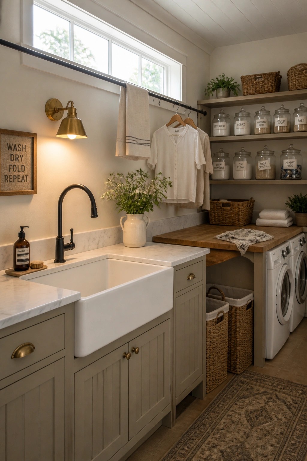 A rustic farmhouse laundry room featuring a white farmhouse sink, gray cabinets, wooden countertop, black faucet, washing machines, open shelving with labeled jars, and woven baskets.