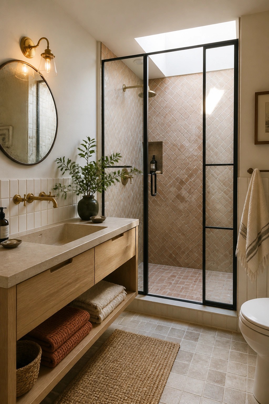 A bathroom with a light wood vanity, beige tiled shower enclosure, round mirror, and woven rug on the floor.