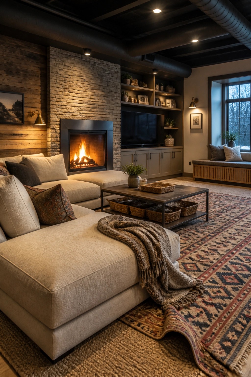 A living room featuring a large beige sectional sofa, a stone fireplace with a burning fire, wooden accent walls, built-in shelves, and layered patterned rugs.