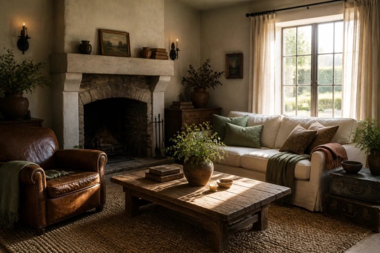 24 Rustic Farmhouse Color Palettes Built Around Earthy Neutrals A rustic living room with a white sofa layered with green and neutral pillows, a brown leather chair, a wooden coffee table, and a stone fireplace.