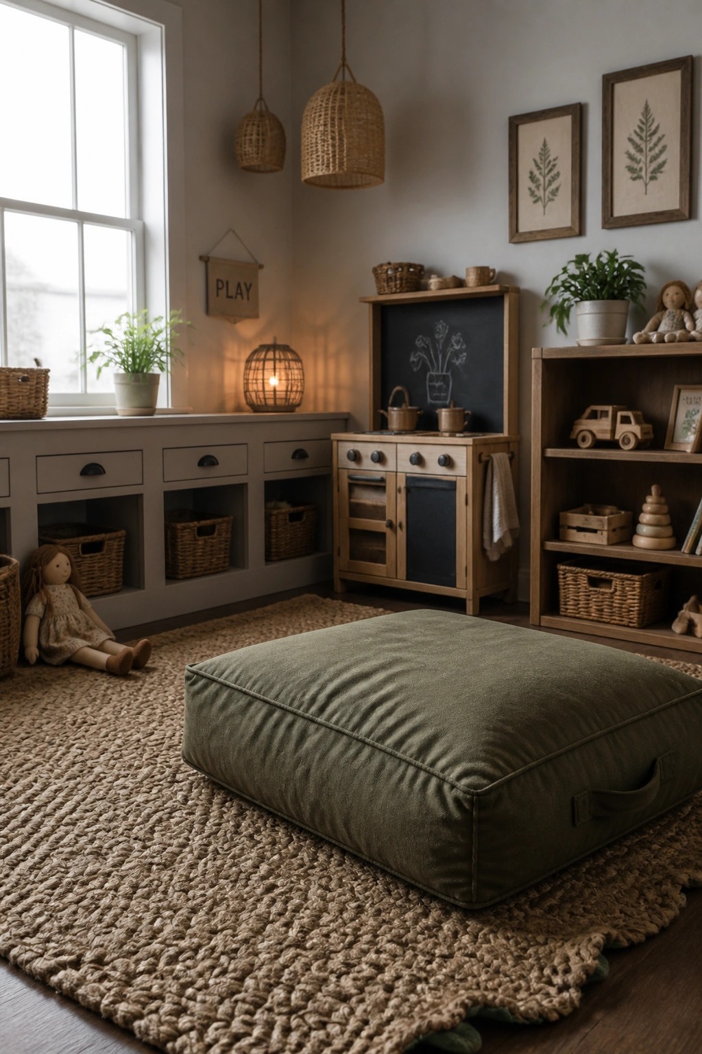 A children's playroom featuring a large olive green floor cushion on a jute rug, a wooden toy kitchen with chalkboard, woven baskets, and a doll seated near a window.