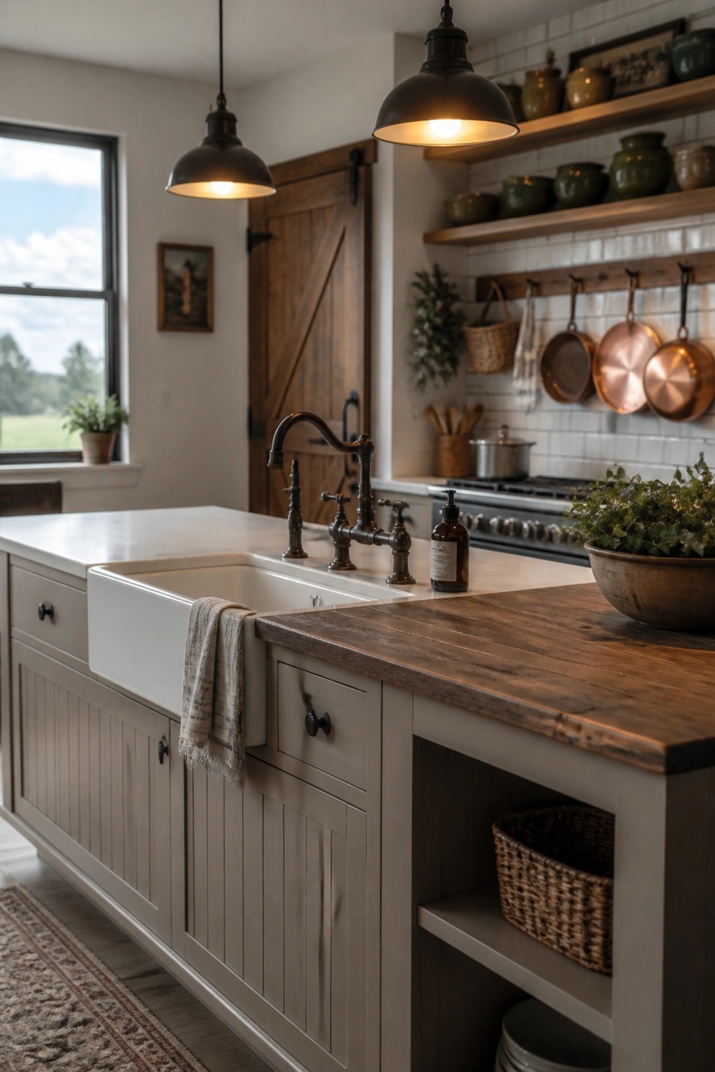 A farmhouse kitchen with gray cabinets, a white farmhouse sink, a dark wood countertop on the island, black fixtures, and open wooden shelves holding pottery and copper pans.