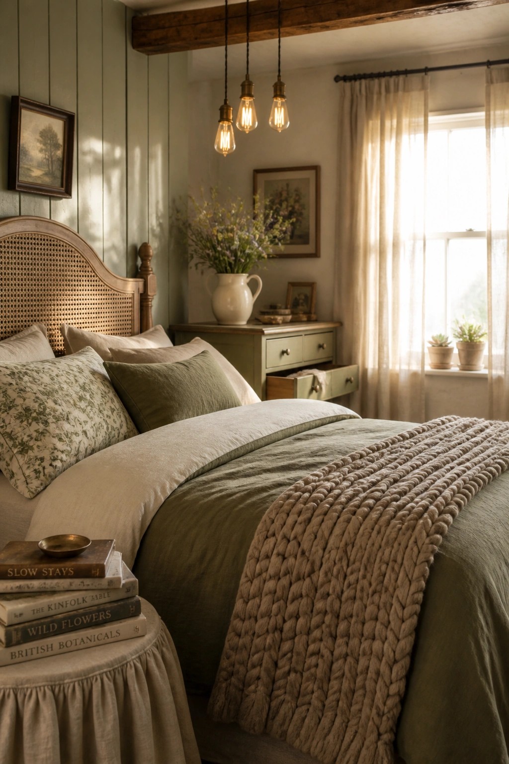 A bedroom with a wooden bed, green and beige bedding, a chunky knit throw, a green dresser, and a window with sheer curtains.