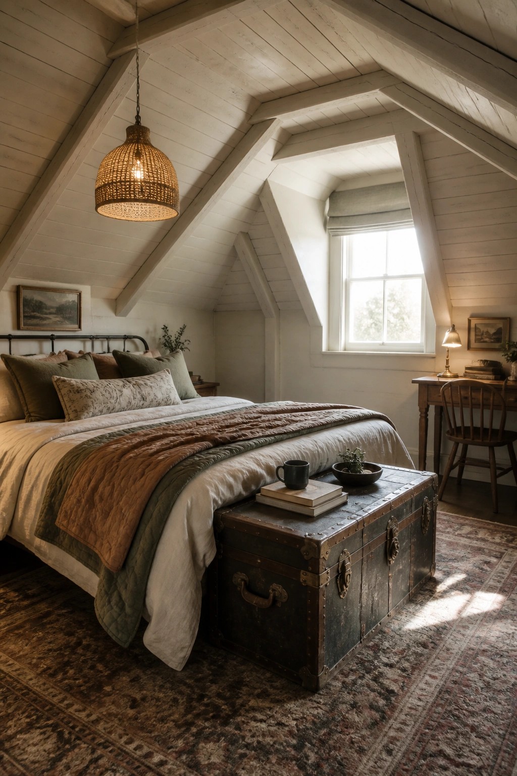 Cozy attic bedroom with slanted ceilings, woven lamp, earth-toned bedding, and vintage trunk.