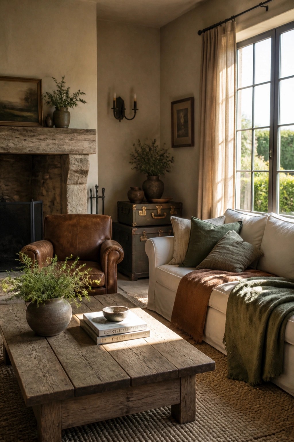 A rustic living room with a white sofa layered with green and neutral pillows, a brown leather chair, a wooden coffee table, and a stone fireplace.