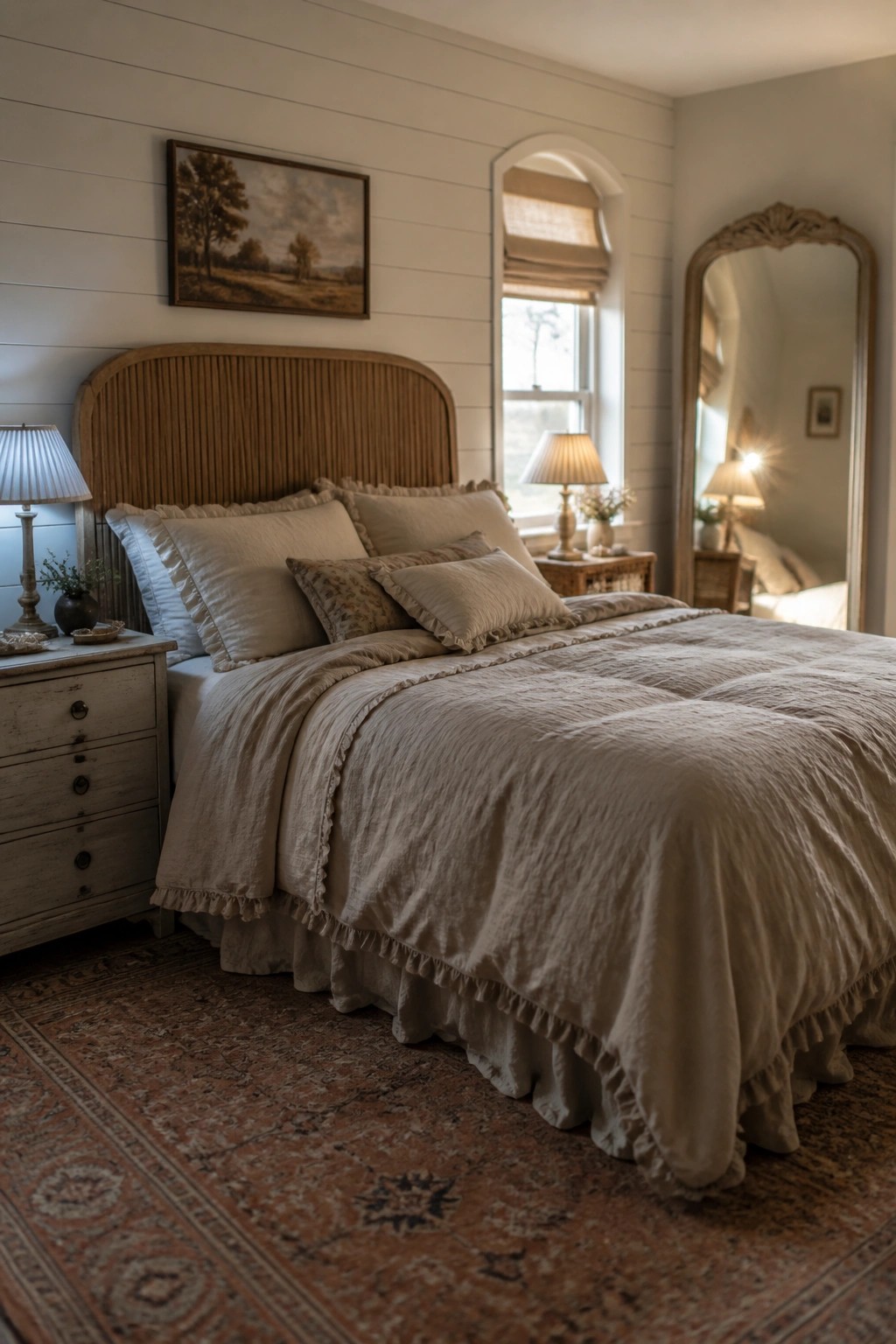 A bedroom featuring a wooden headboard, layered beige linens on the bed, two nightstands with lamps, a large mirror, and a patterned rug.