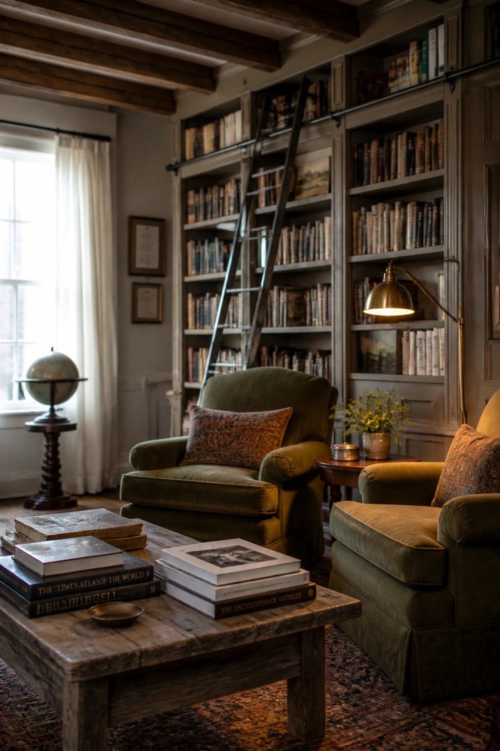 Interior view of a rustic library with built-in bookshelves filled with books, two olive green armchairs, a wooden coffee table stacked with books, and a rolling ladder.