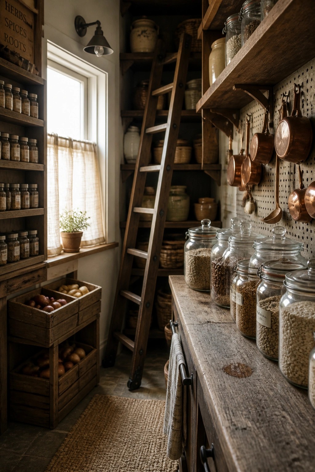 A rustic interior pantry with wooden open shelves holding glass jars of dry goods, a leaning wooden ladder, copper pots on a pegboard wall, and wooden crates of potatoes near a window.
