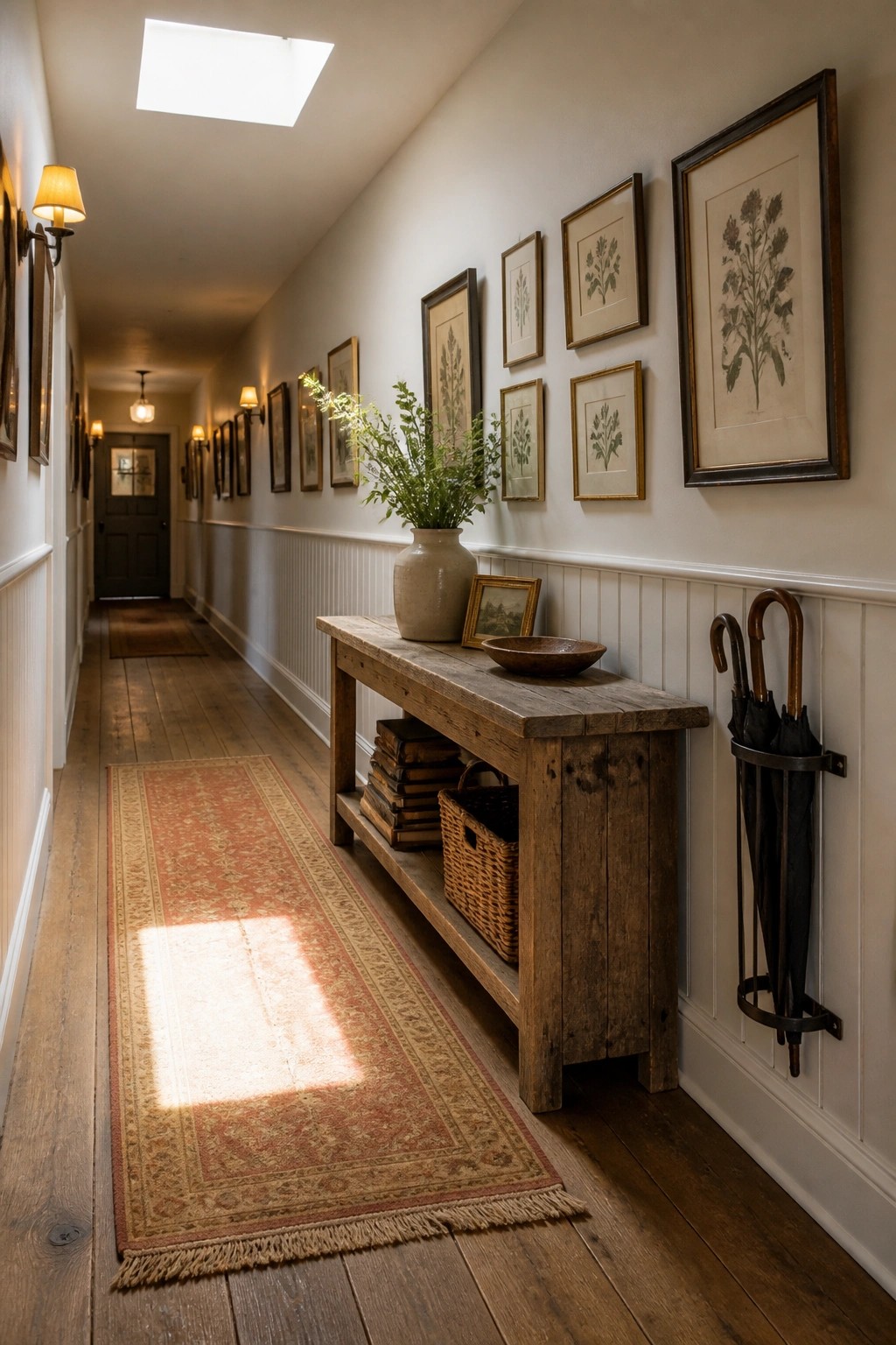A wooden console table with books and a basket underneath sits in a white wainscoted hallway beneath framed botanical prints, next to an umbrella stand.