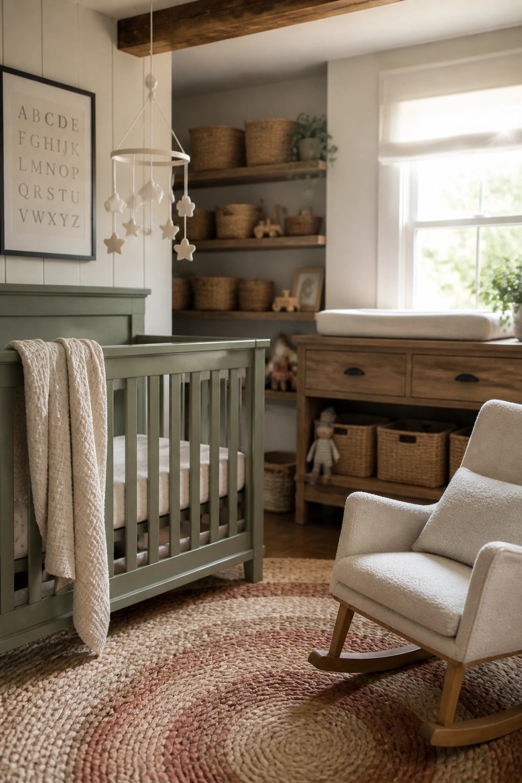 A nursery featuring a sage green crib with a beige blanket, a white rocking chair, wooden shelves with baskets, and a round woven rug.