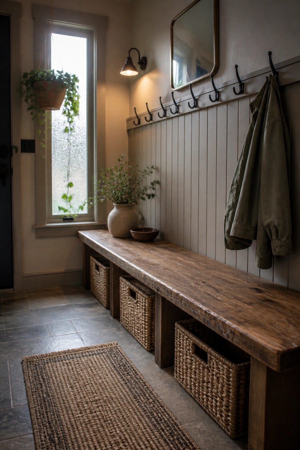 A narrow interior entryway with a long reclaimed wood bench, woven storage baskets underneath, black wall hooks holding a jacket, a hanging plant by the window, and vertical beadboard paneling in neutral tones.