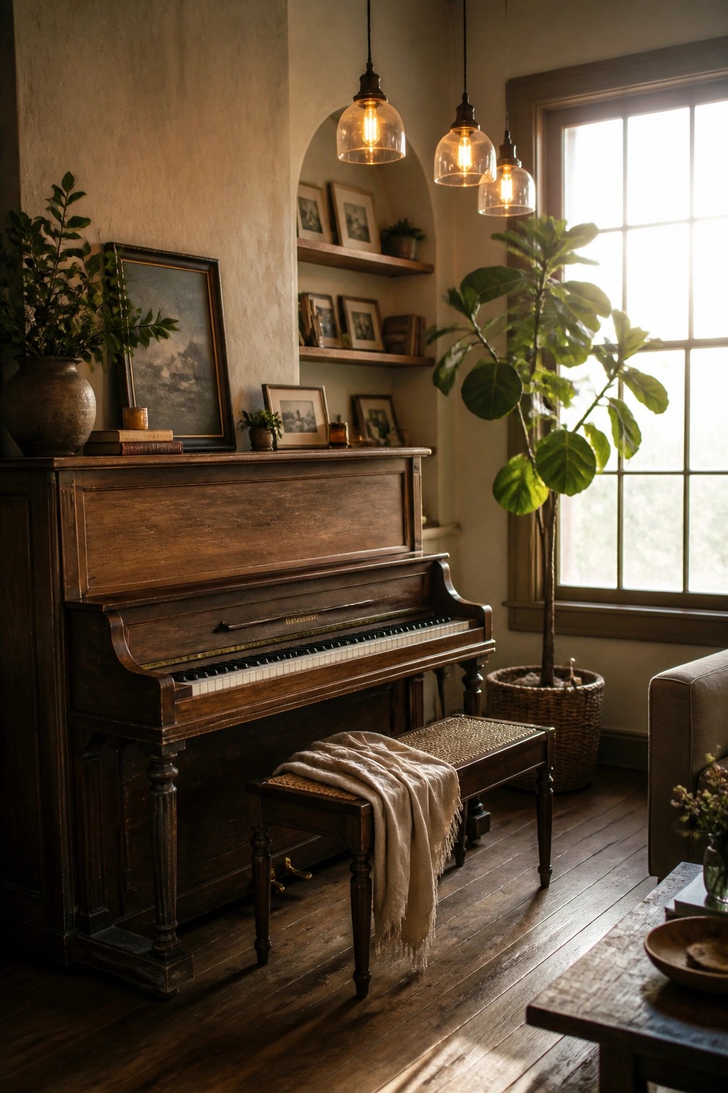 An upright wooden piano with a woven bench and beige throw in a room with neutral walls, hanging pendant lights, framed art on shelves, and potted plants near a window.