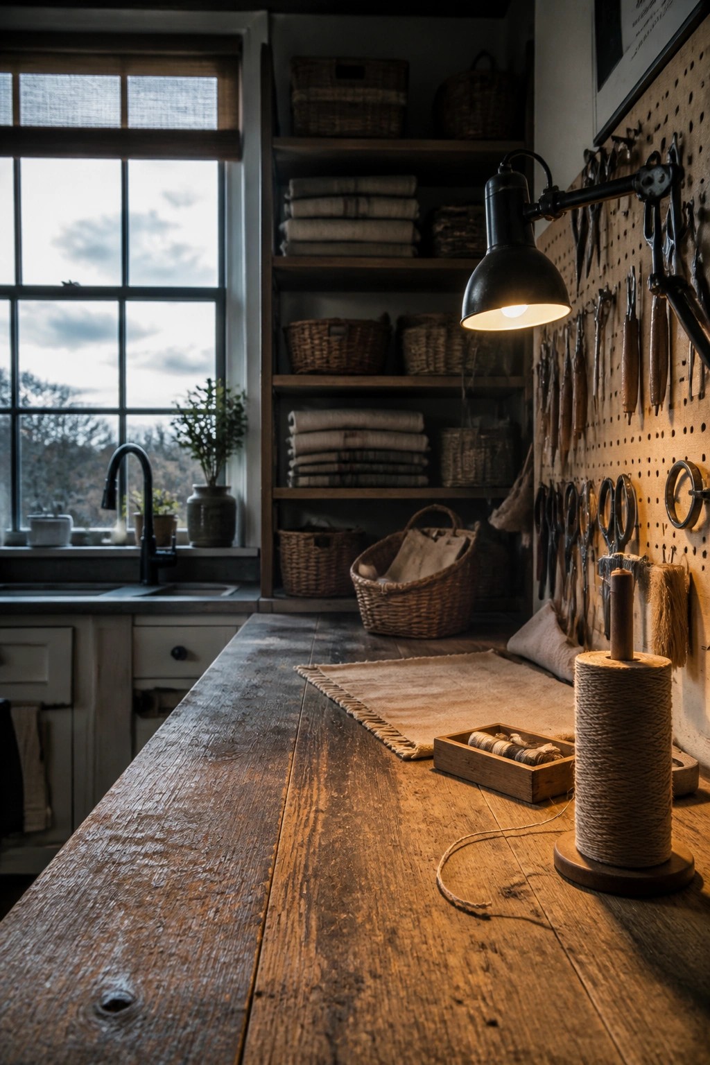 A rustic wooden work table in a farmhouse interior with open wooden shelves holding baskets and folded linens, a pegboard with tools on the right wall, and a large window on the left.